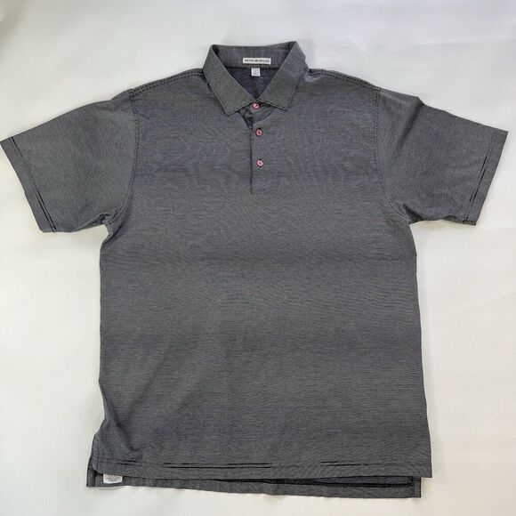 Peter Millar Mens Shirt Large Black White Stripe Pullover Polo Shirt Pink Button - Picture 1 of 8